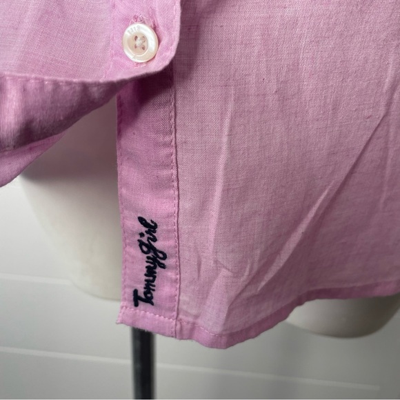 Tommy Girl Oxford Button Up L Pink Lilac White Elbow Patches Tab Sleeves Lace - Picture 8 of 11